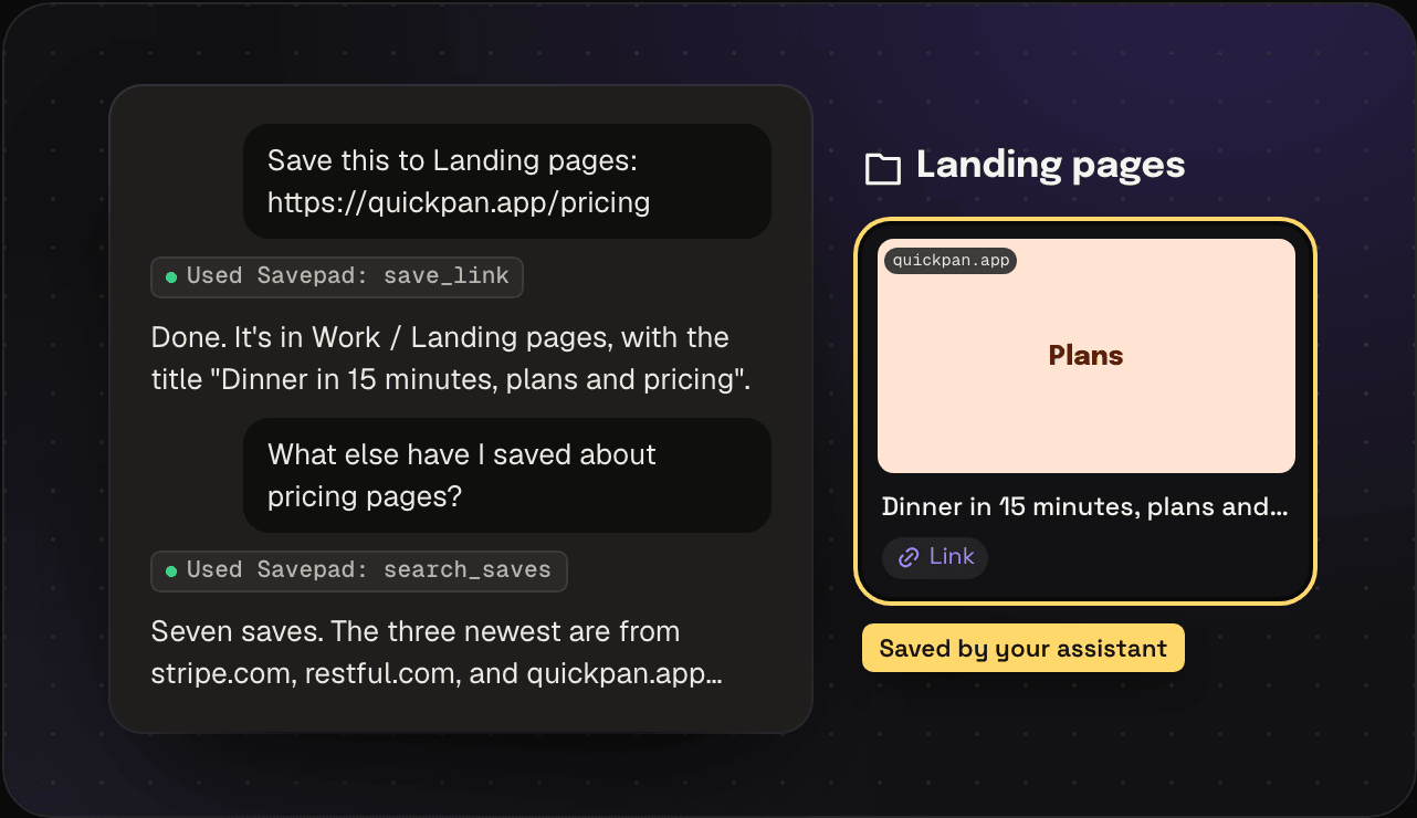 A chat asking an assistant to save a link to the Landing pages folder, the assistant using Savepad, and the save showing up in Savepad