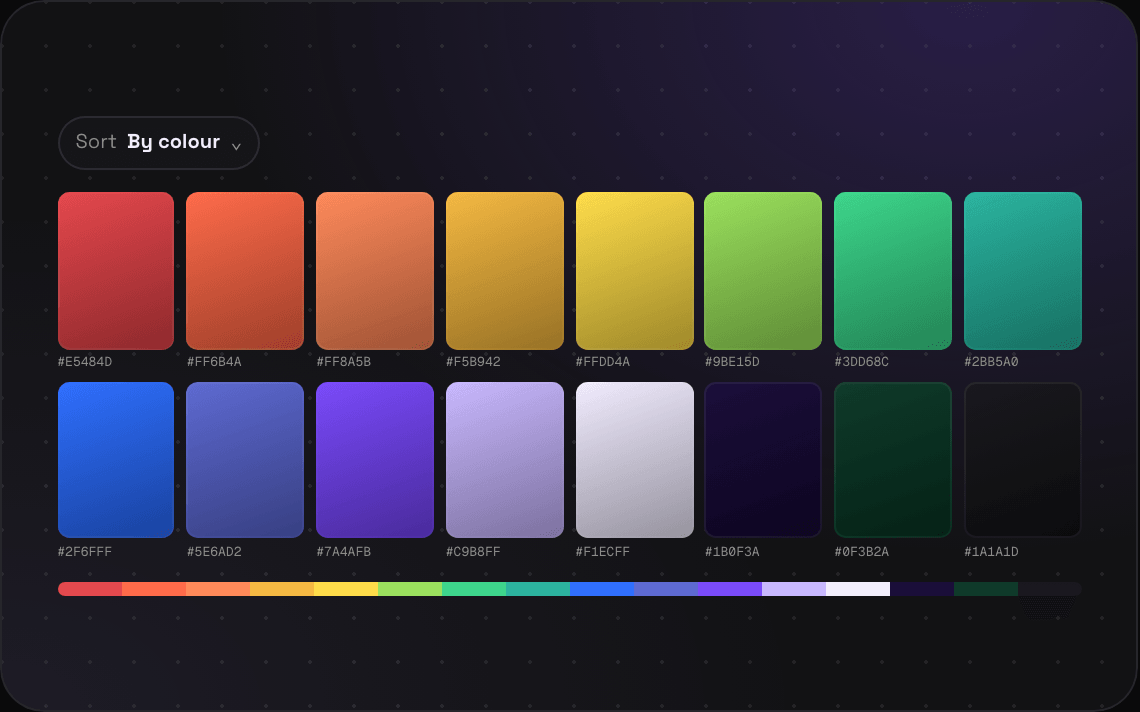 A folder sorted by colour, 16 saves lined up from red through yellow, green and blue to violet and black
