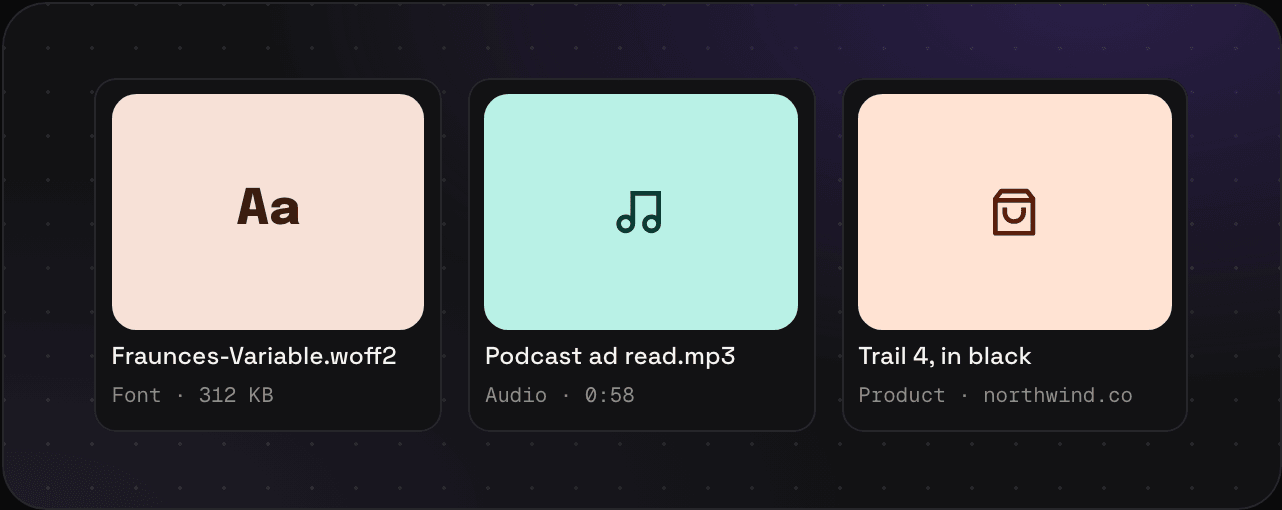 A font file, an audio file, and a product page saved in Savepad, each as a card with its name and details