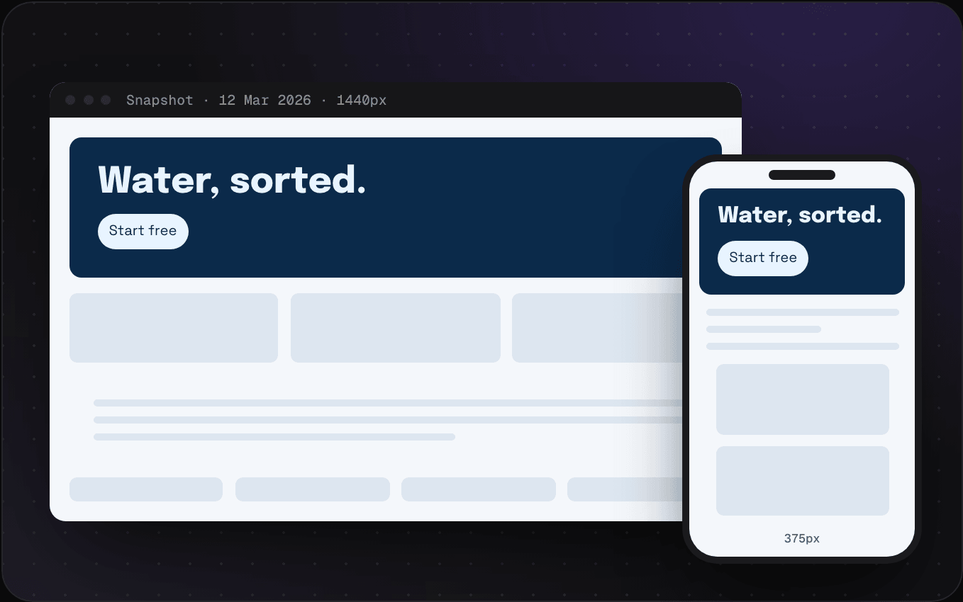 A full-page snapshot of a landing page at 1440 pixels, with the same page at 375 pixels on a phone in front of it