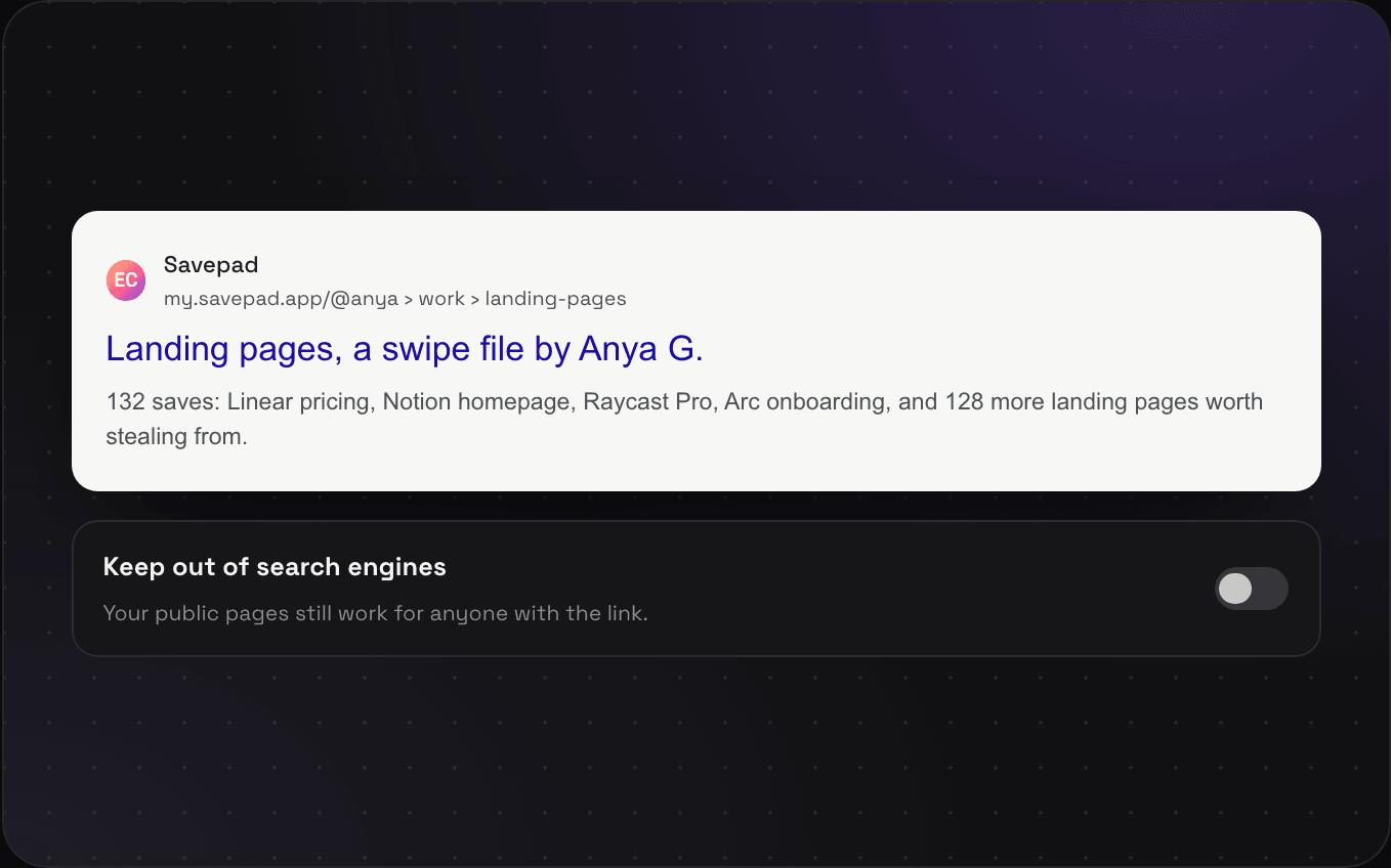 A Google result for Anya G.'s public landing pages folder, and the Keep out of search engines switch