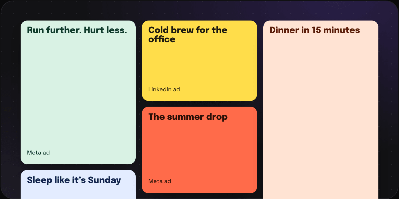 A masonry grid of ads, emails, and landing pages, each card at its own height