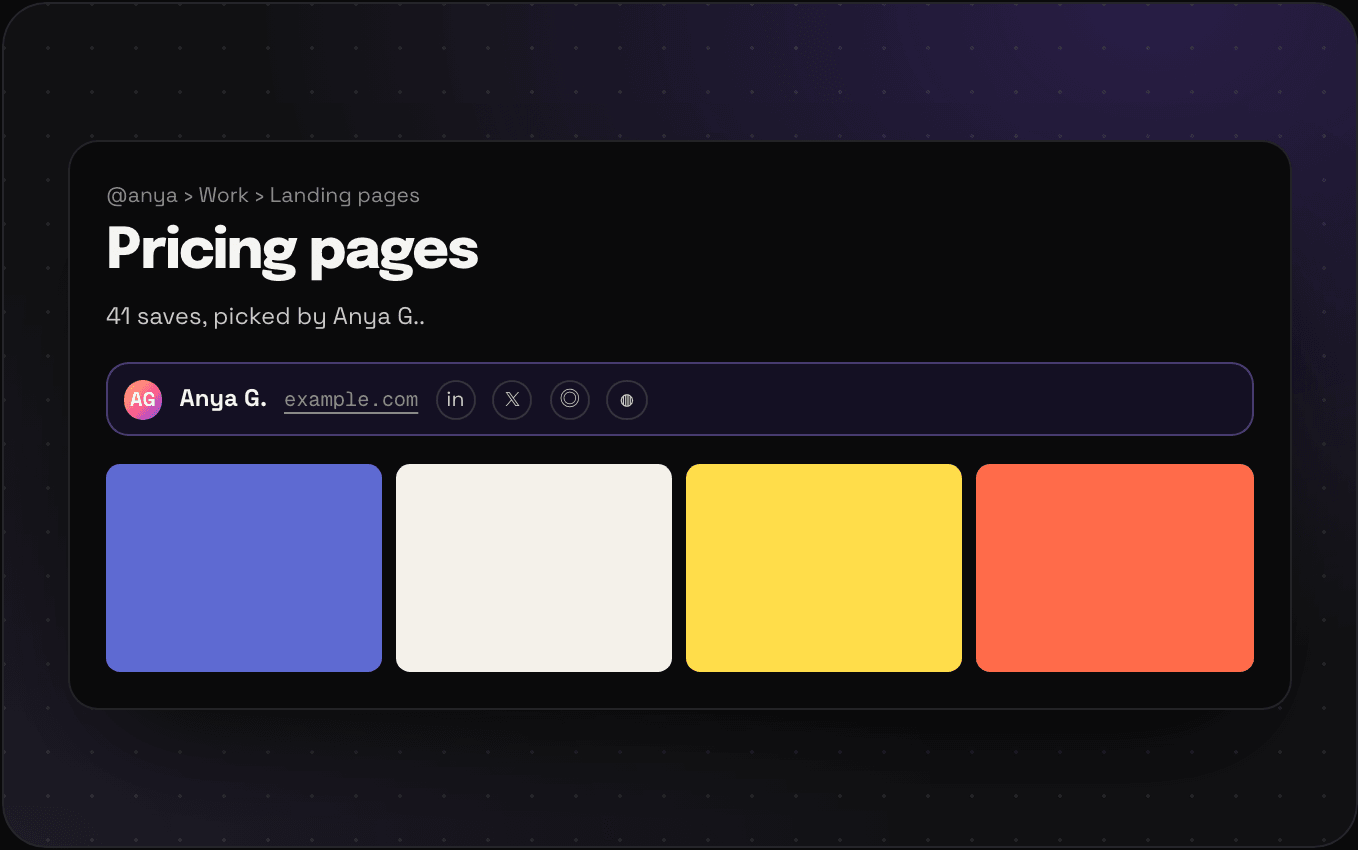 A public folder page with Anya G.'s avatar, name, website, and social icons right under the title
