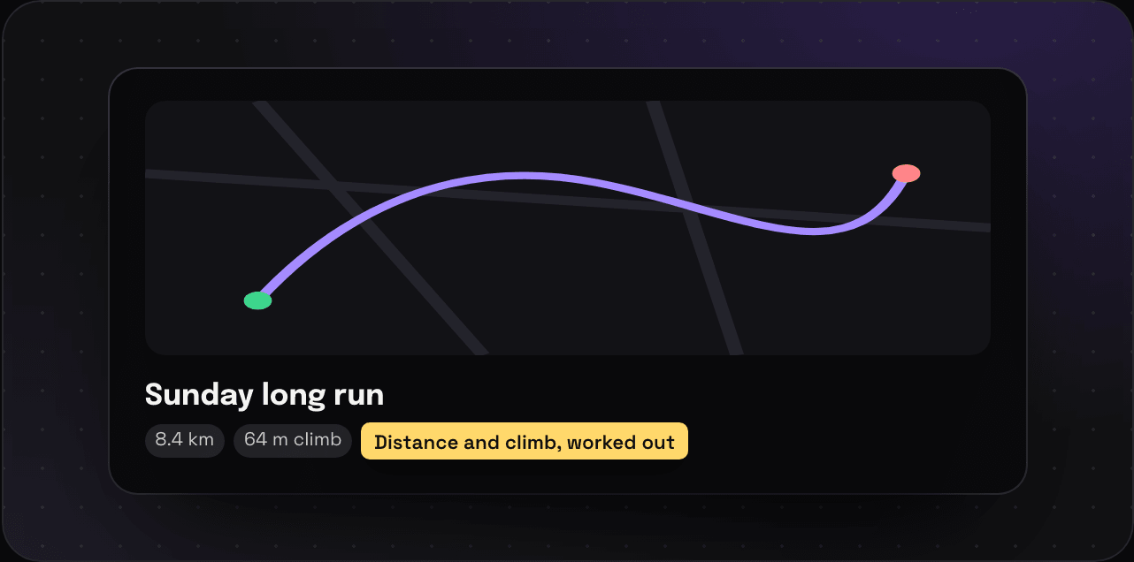 A running route saved in Savepad, drawn on a map from start to finish, with its distance of 8.4 km and 64 m of climb