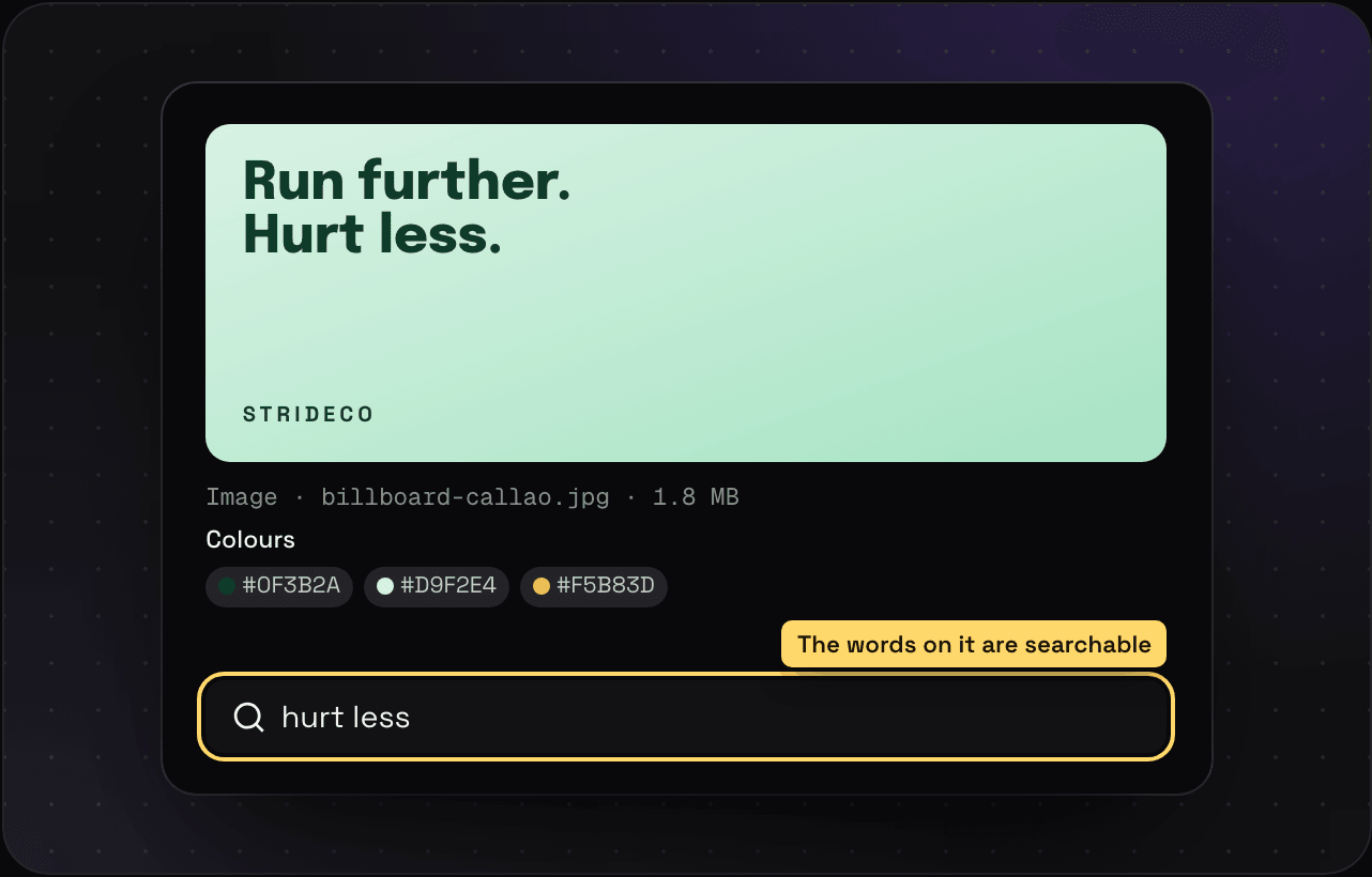 A saved billboard photo in Savepad with its three colours as hex codes and a search for "hurt less" that finds the words on it