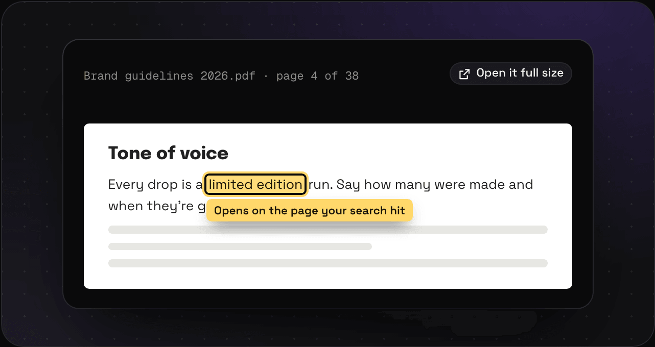 A saved brand guidelines PDF in Savepad opened on page 4 of 38, with the searched phrase "limited edition" highlighted and an Open it full size button
