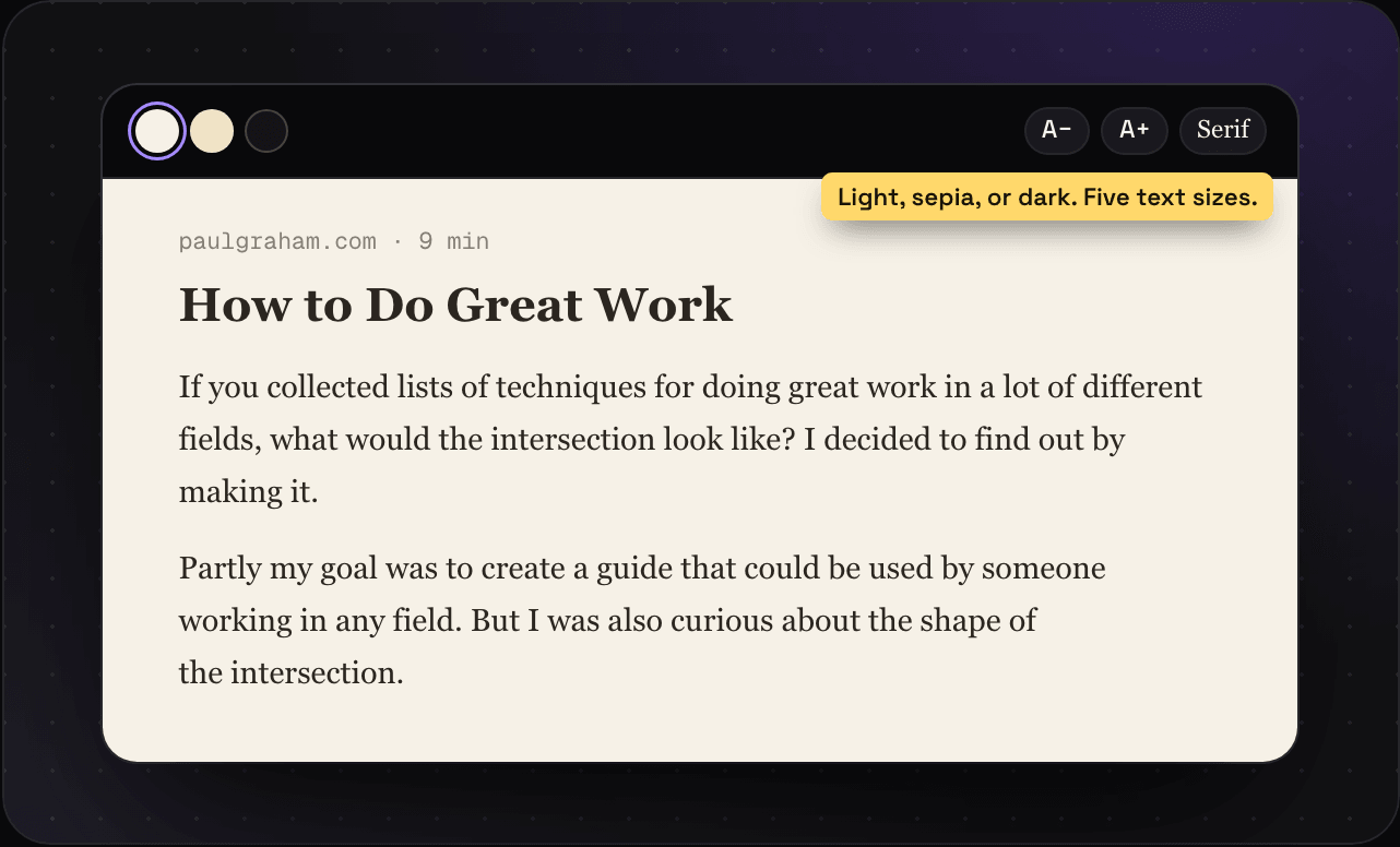 A saved essay in Savepad's reading mode on a sepia page, with the page colour, text size, and serif switches at the top
