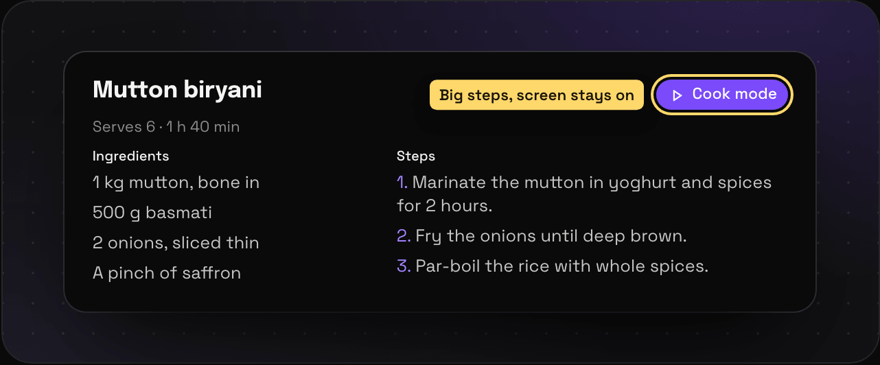 A saved mutton biryani recipe in Savepad with the servings, time, ingredients, numbered steps, and a Cook mode button