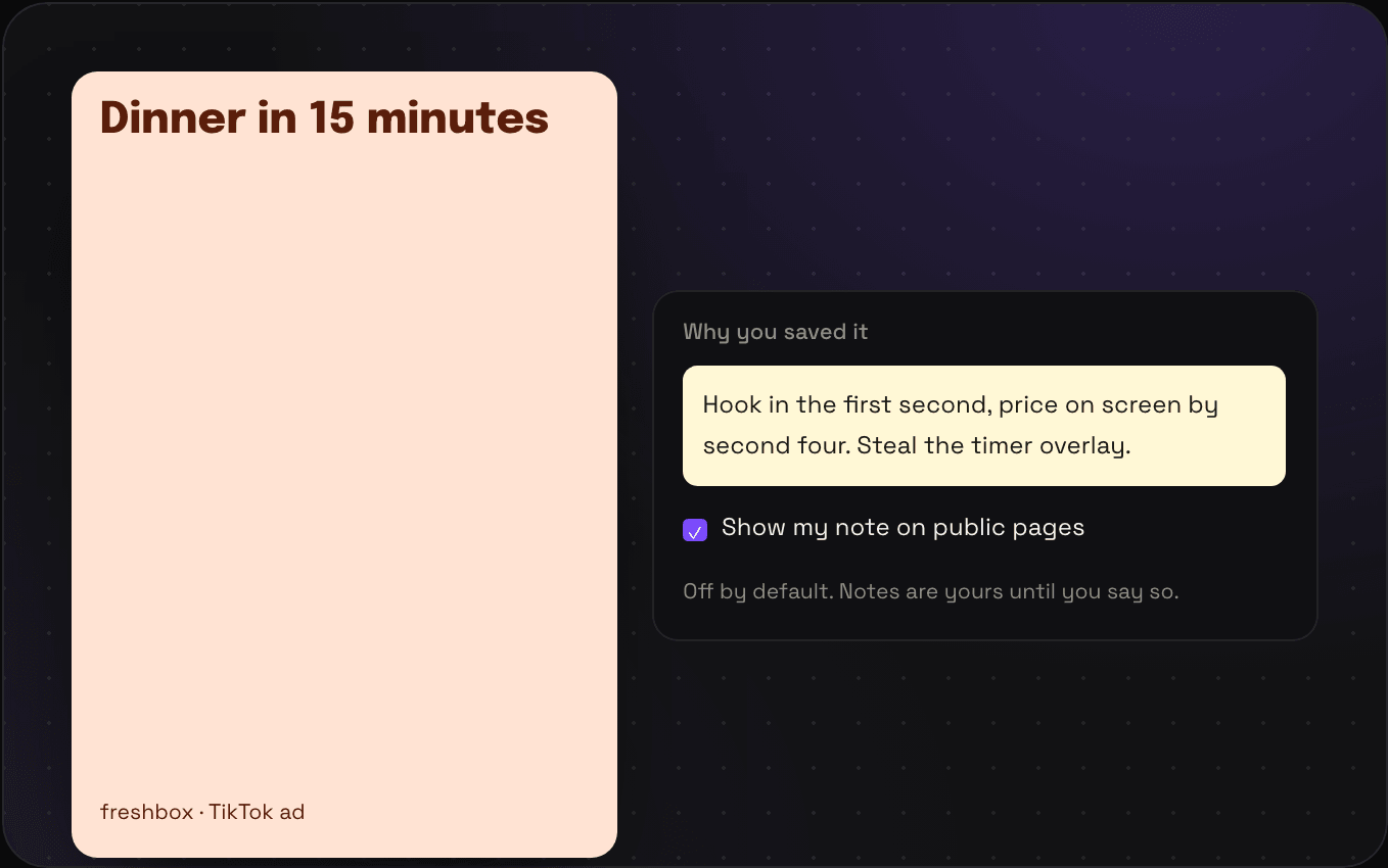 A saved TikTok ad with a private note about the hook, and the Show my note on public pages box ticked