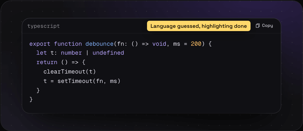 A saved TypeScript debounce function in Savepad with syntax highlighting, the language at the top, and a Copy button