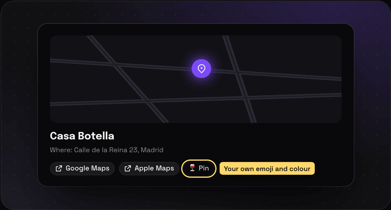 A saved wine bar in Madrid in Savepad, with a violet pin on a dark map, the address, Google Maps and Apple Maps buttons, and a custom wine glass pin