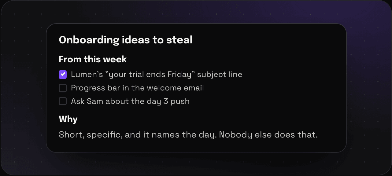 A Savepad note called Onboarding ideas to steal, with headings and a checklist with one item ticked