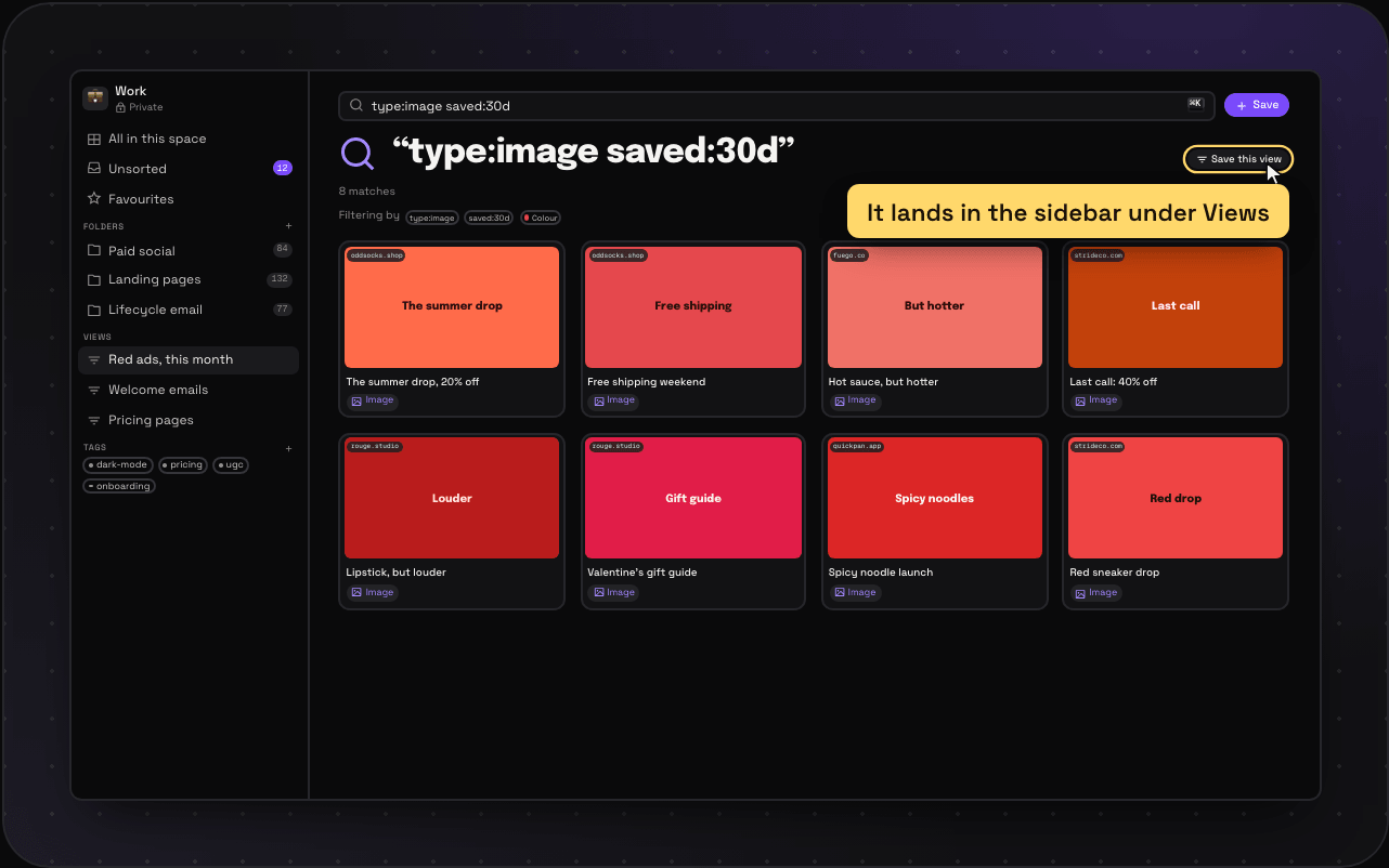 A Savepad search for red images saved in the last 30 days, with the Save this view button and the view listed in the sidebar under Views