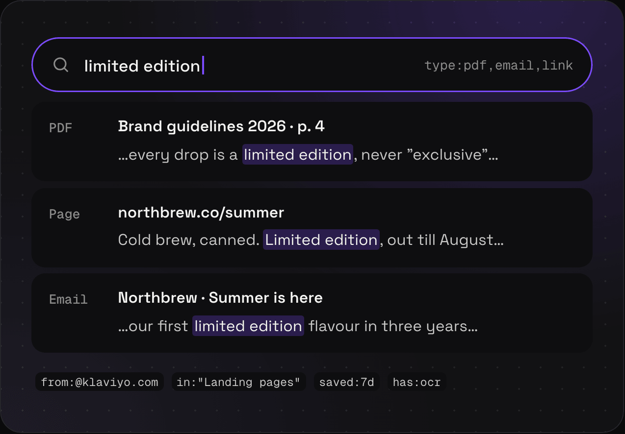 A search for limited edition, with matches from a PDF, a web page, and an email