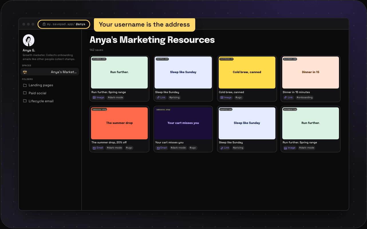 Anya's public Savepad at my.savepad.app/@anya with her public spaces and folders in the sidebar and her saves in a grid