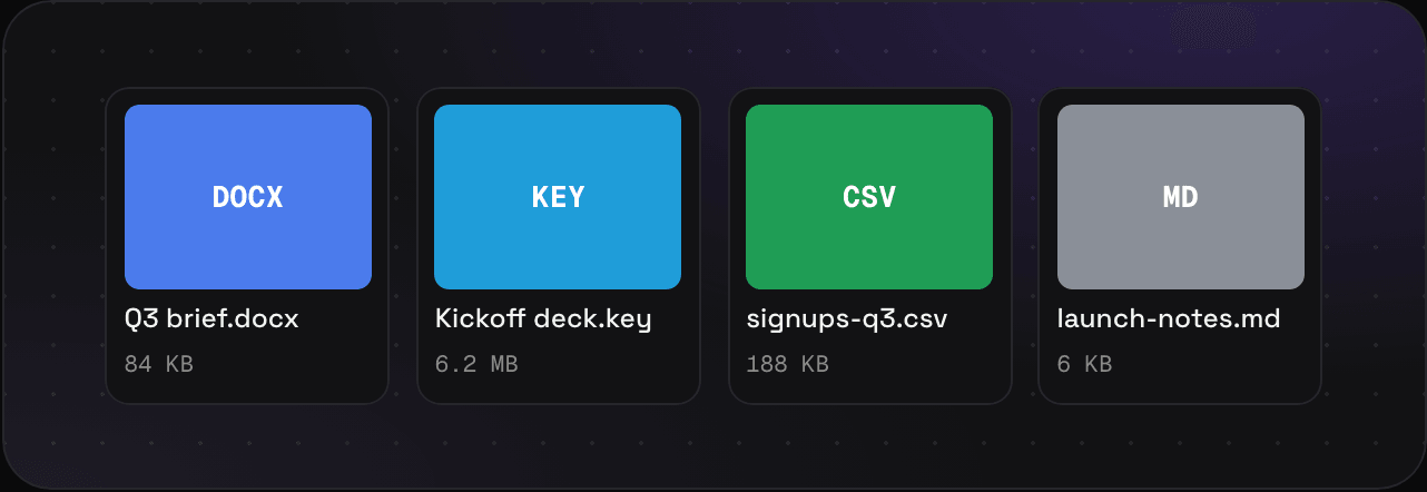 Four document saves in Savepad: a Word brief, a Keynote deck, a CSV, and a Markdown file, each with its file name and size