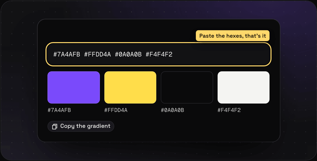 Four hex codes pasted into Savepad and saved as a palette of four big swatches, with a Copy the gradient button