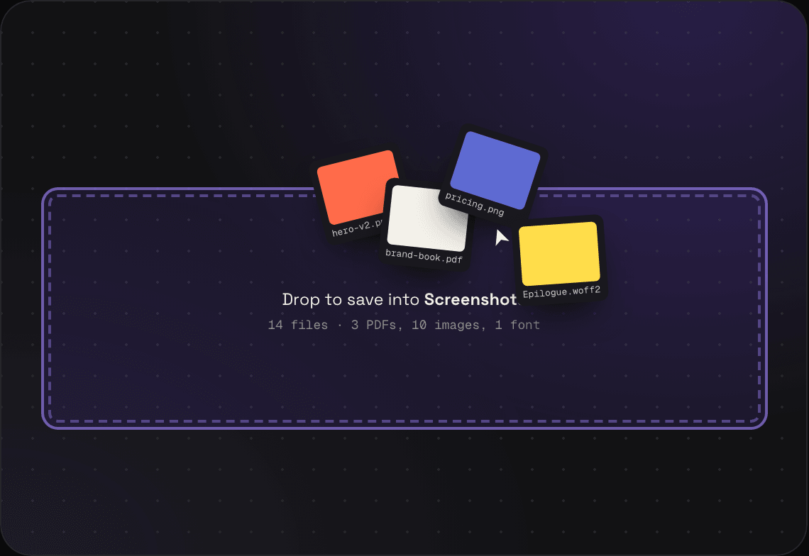 Fourteen files being dragged onto a Savepad folder called Screenshots: images, PDFs, and a font, with the drop zone lit up