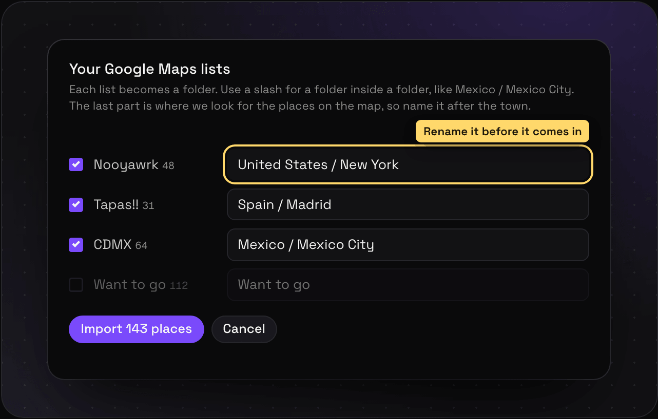Google Maps lists from a Takeout zip in Savepad, each list with a folder name box, one renamed to United States / New York