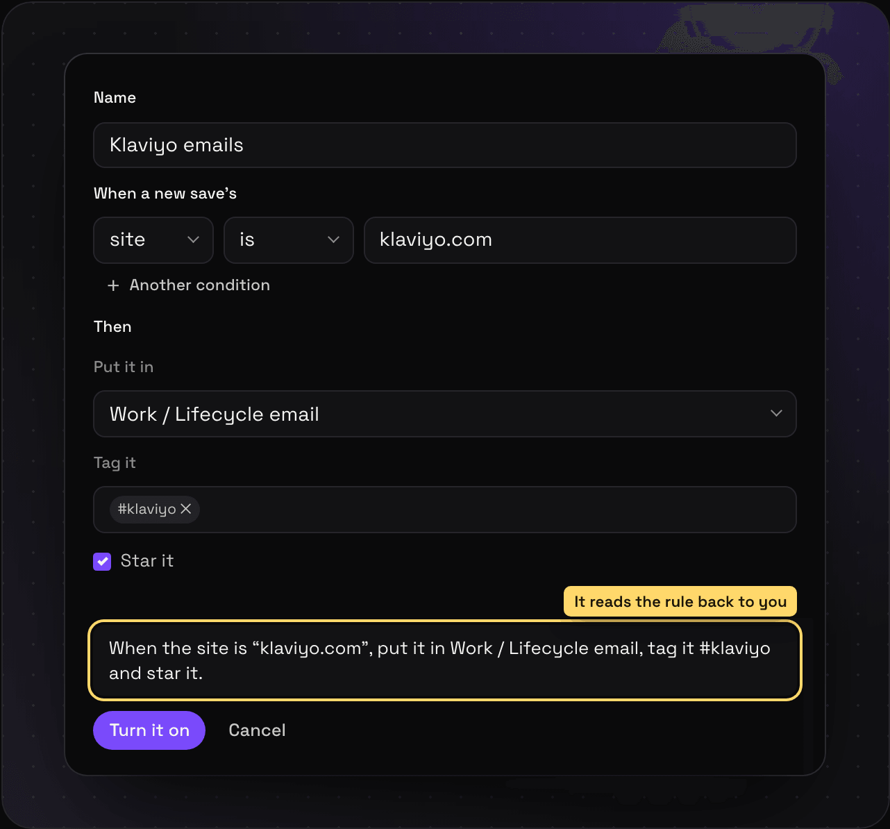 Making a rule in Savepad Settings: when the site is klaviyo.com, put it in Lifecycle email, tag it #klaviyo, and star it, with the Turn it on button