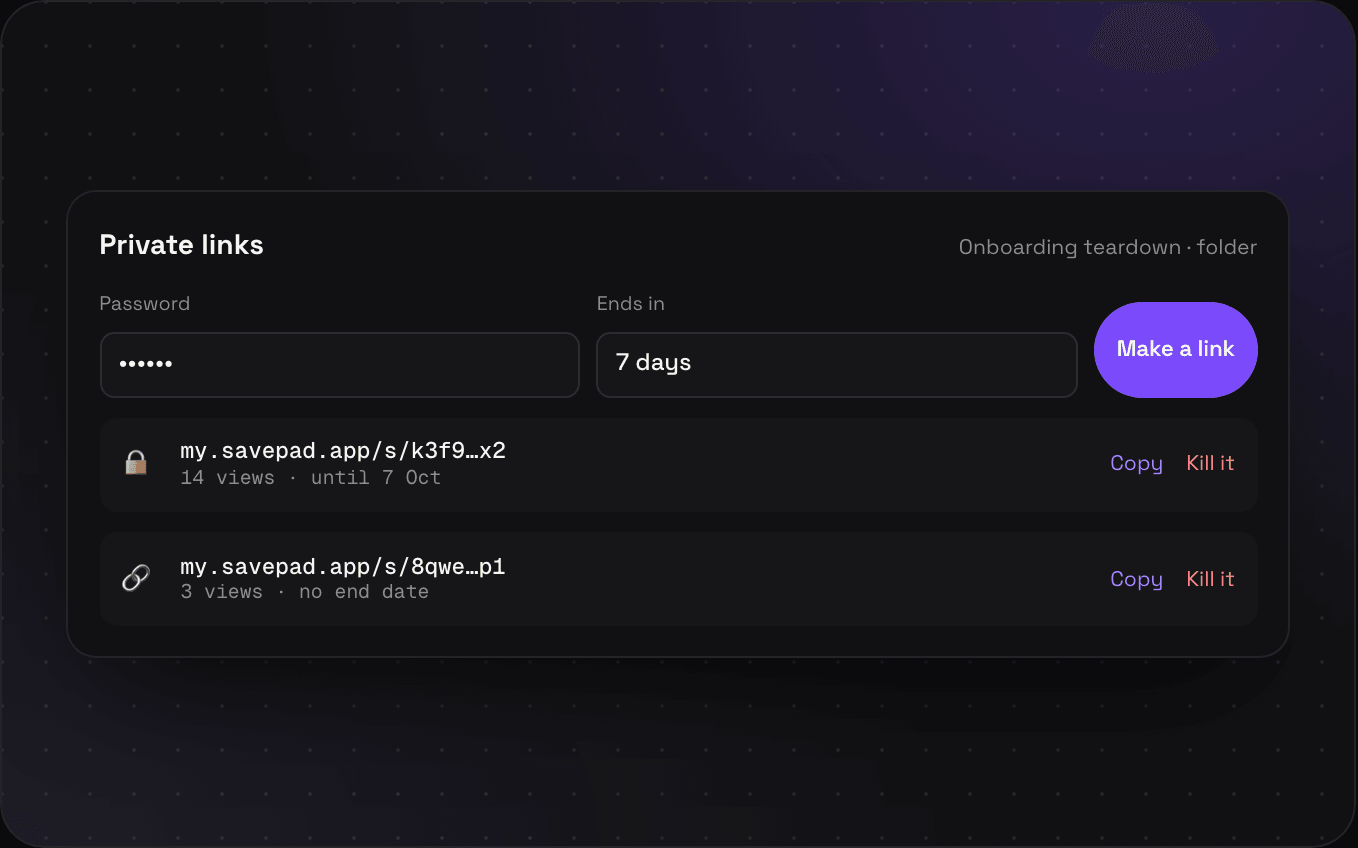 Private links for a folder: a password and a 7 day end date, and two links with their view counts, a copy button, and a kill button