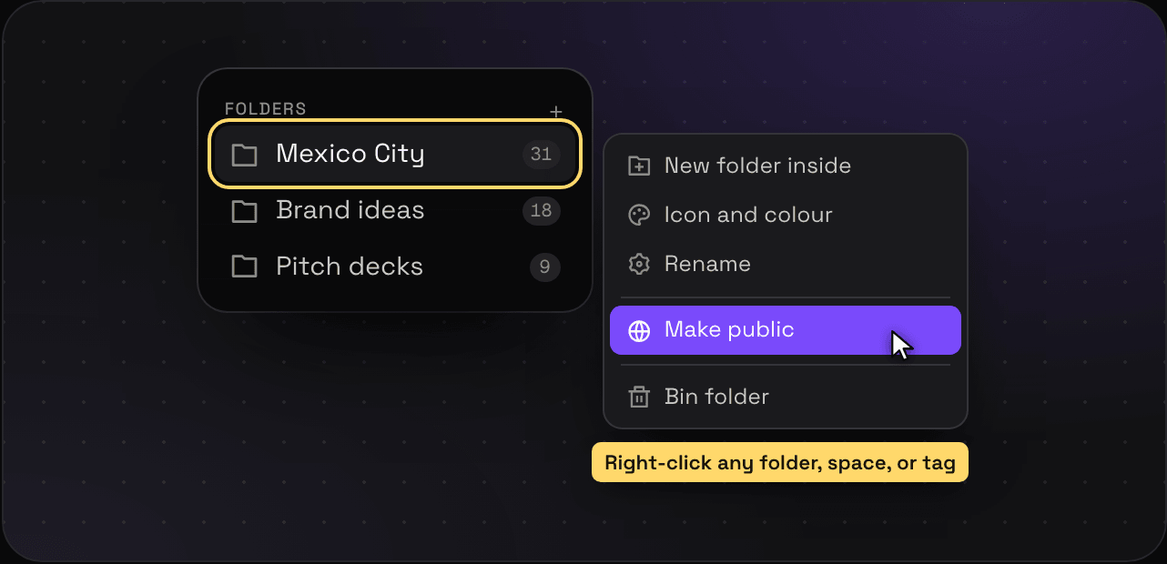 Right-clicking a folder in the Savepad sidebar and picking Make public