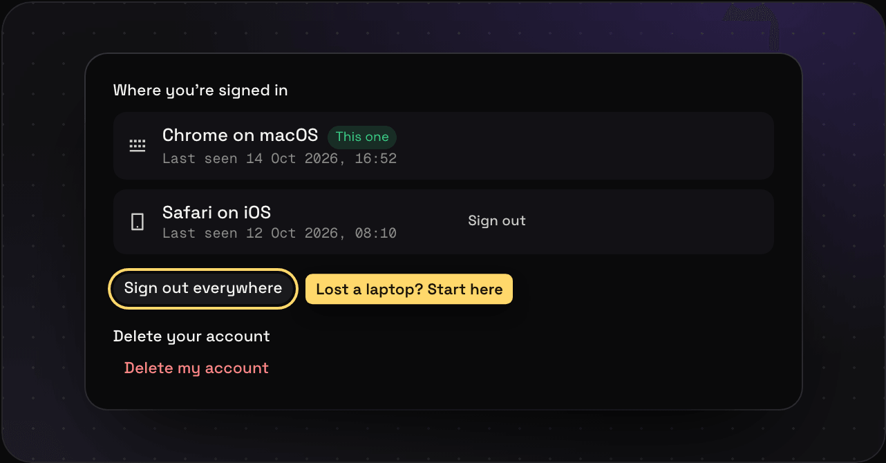 Savepad Account and security with two signed-in devices, Sign out everywhere, and Delete my account