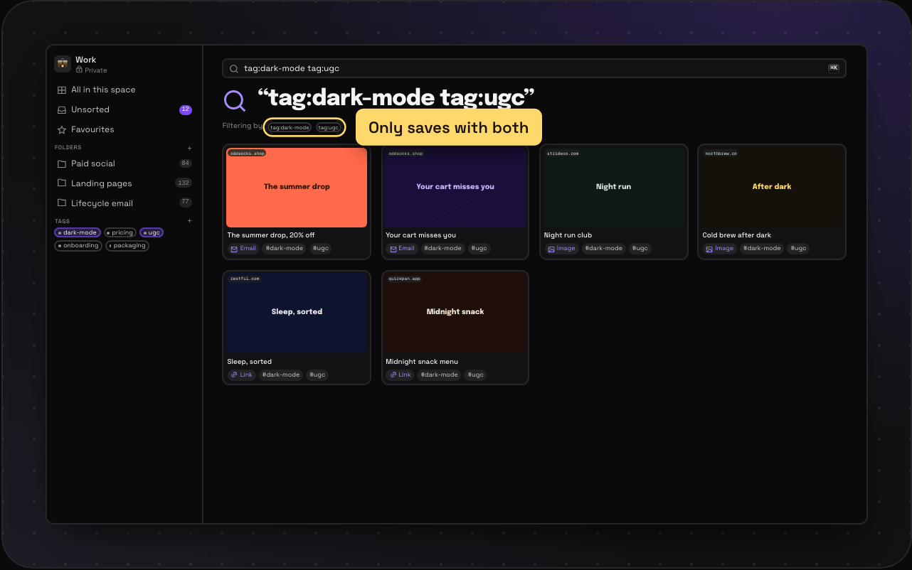 Savepad filtered by two tags, #dark-mode and #ugc, showing only the saves that have both
