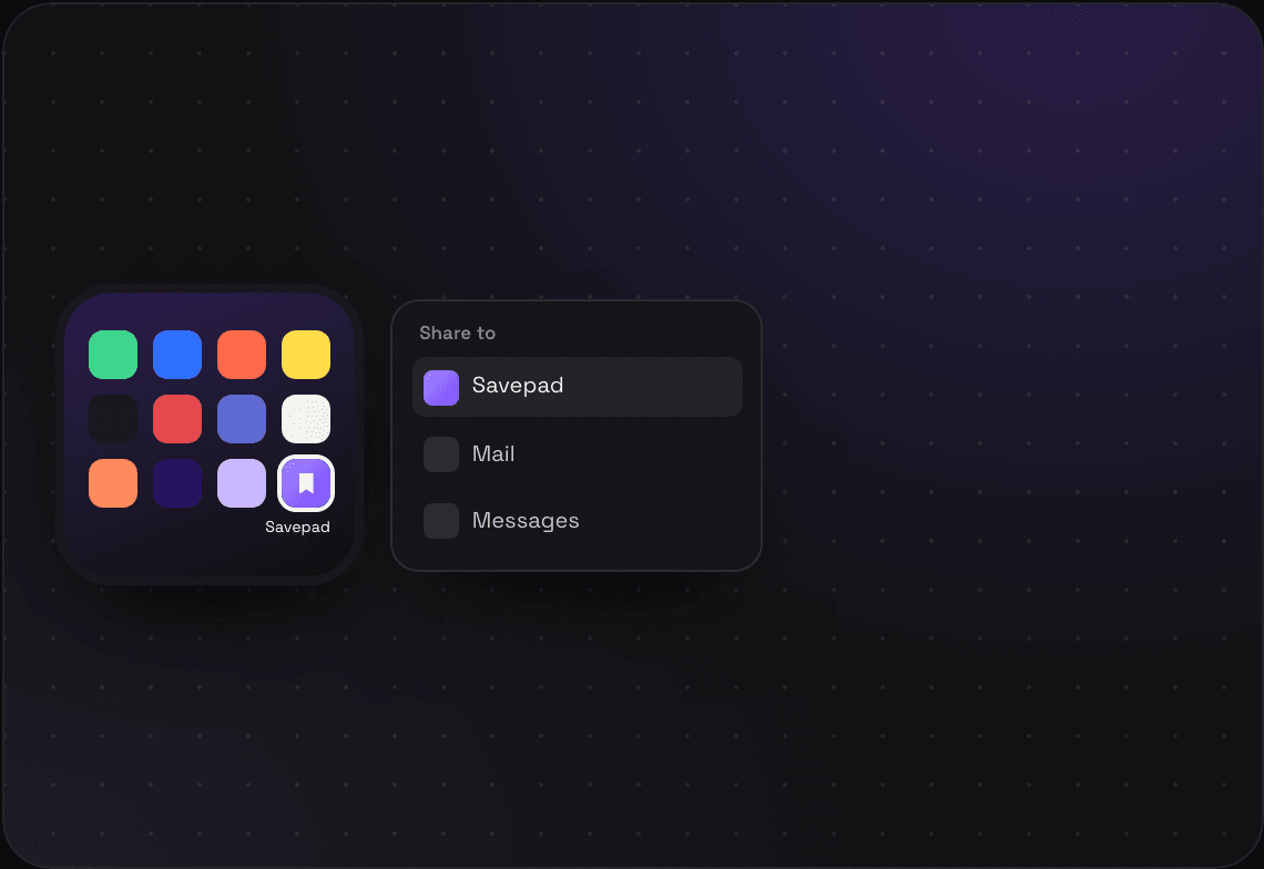 Savepad installed on a phone home screen, and the Android share sheet with Savepad at the top