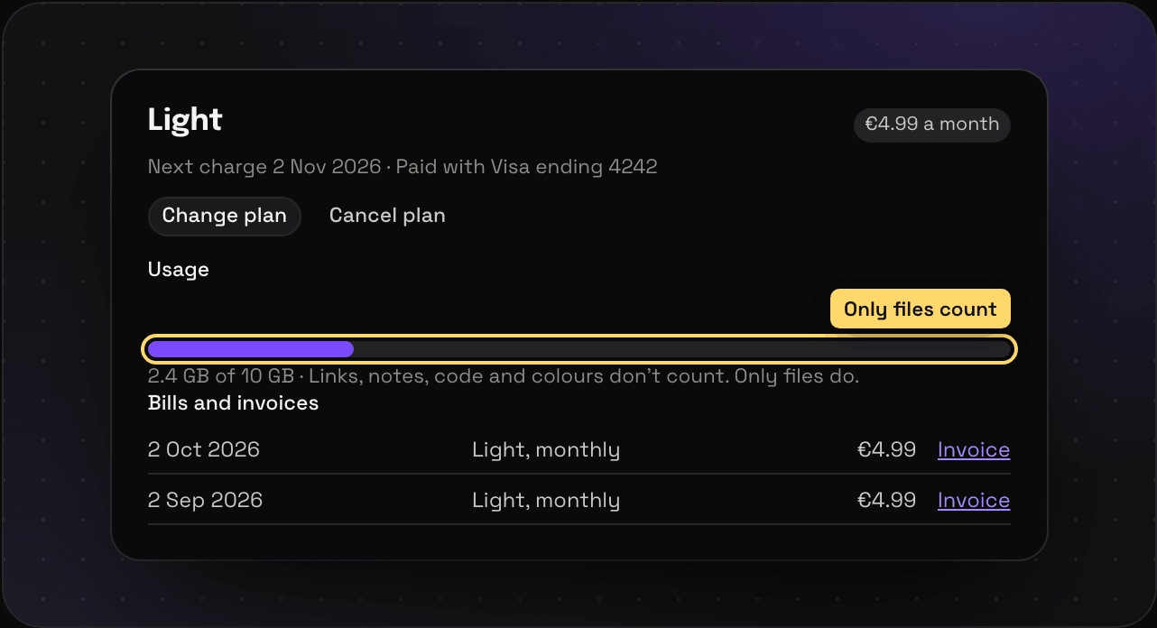 Savepad Plan and billing on Light: the next charge, Change plan and Cancel plan, a storage meter at 2.4 GB of 10 GB, and two invoices