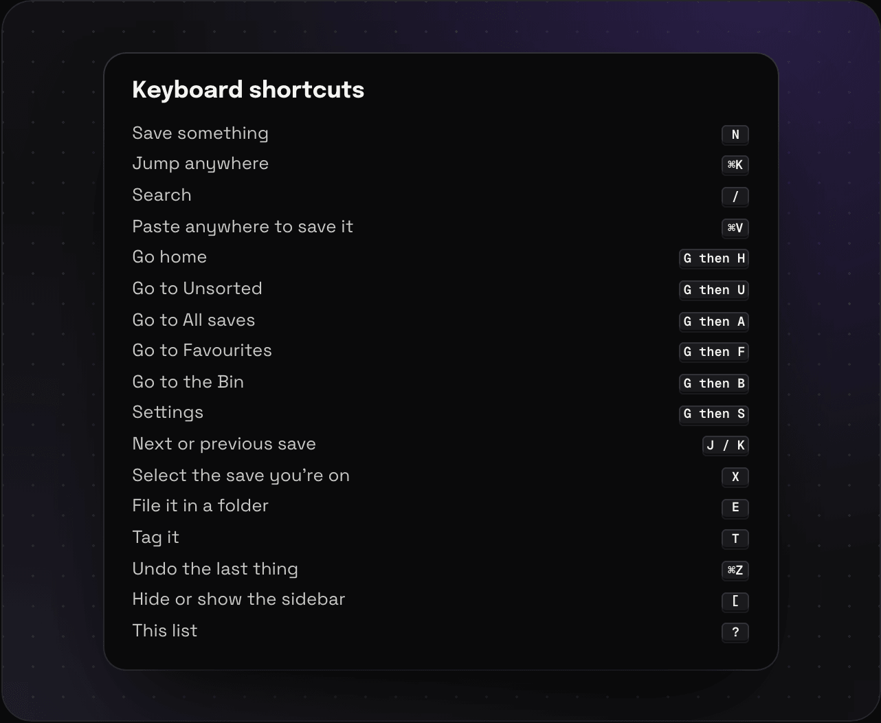 Savepad's keyboard shortcuts sheet, from N to save something and ⌘K to jump anywhere to G then U for Unsorted and X to select