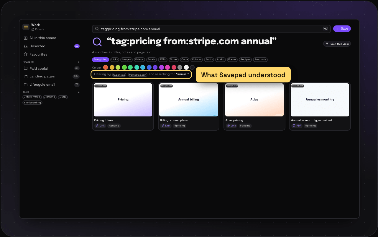 Savepad search with tag:pricing from:stripe.com annual typed in, the type filters, the colour row, and a line showing what Savepad understood