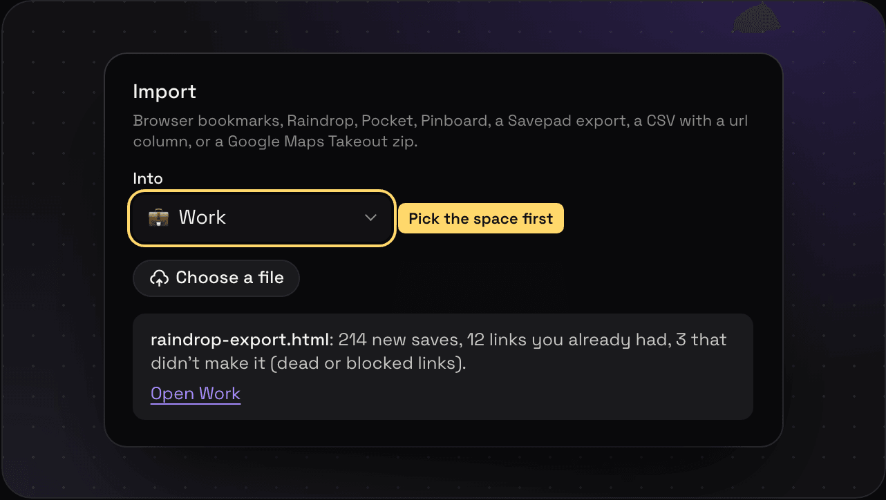 Savepad Settings, Import and export, with a Raindrop file imported into the Work space and a summary of how many saves came in