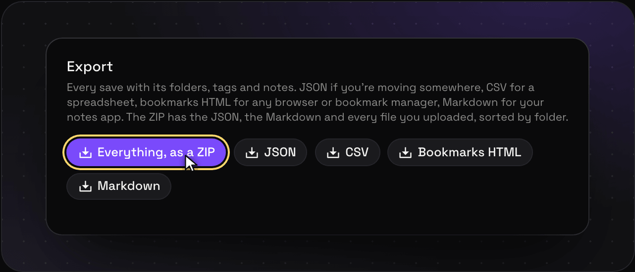 Savepad Settings, Import and export, with export buttons for a ZIP of everything, JSON, CSV, bookmarks HTML, and Markdown