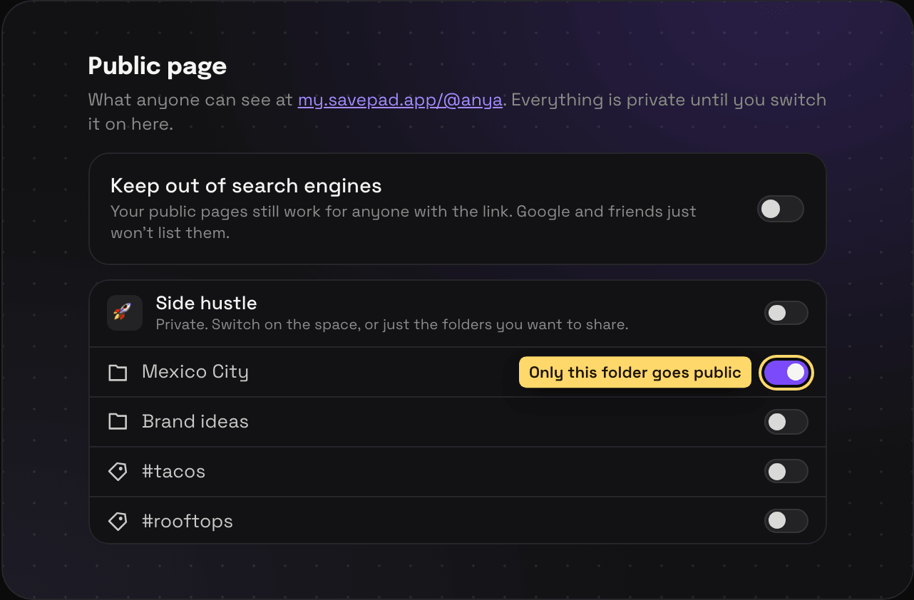 Savepad Settings, Public page, with switches for keeping out of search engines and for each space, folder, and tag