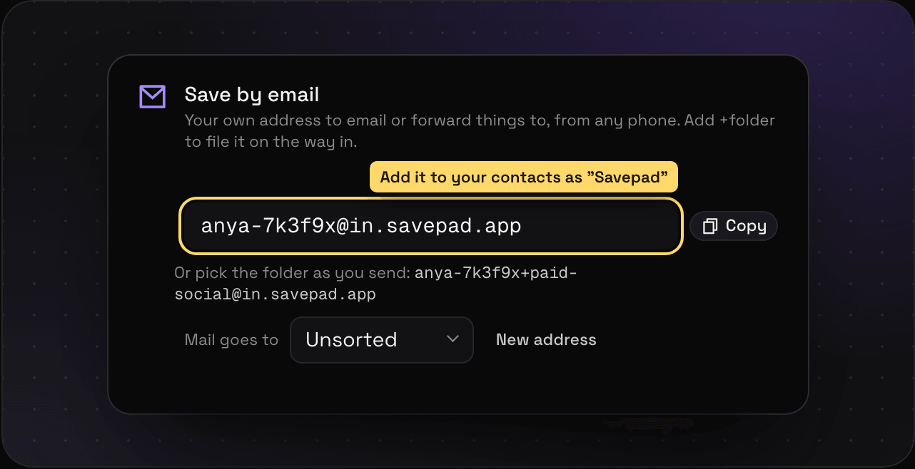 Savepad Settings, Saving from elsewhere, with a personal Savepad email address, a Copy button, and where the mail goes