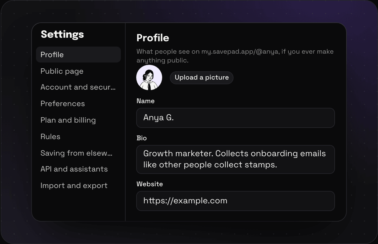 Savepad Settings with its nine sections down the side, from Profile to Import and export, and the Profile section open with a picture, name, bio, and website
