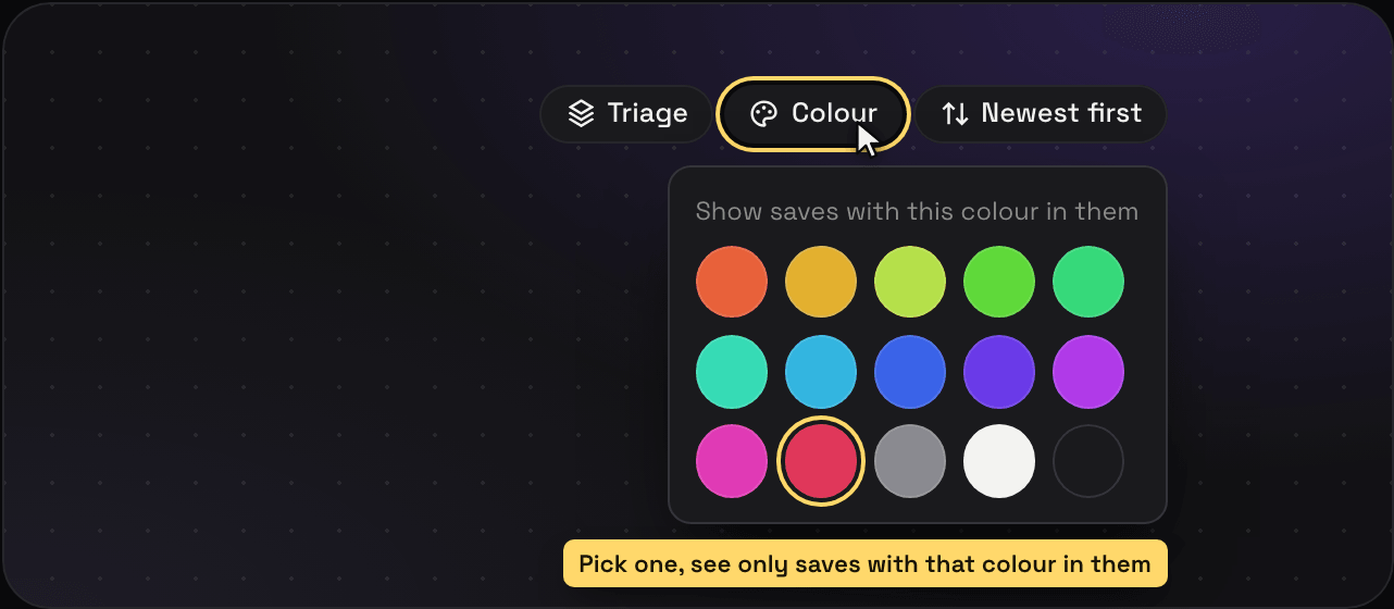 The Colour button in a Savepad folder open on a grid of swatches, with red picked and only red saves showing