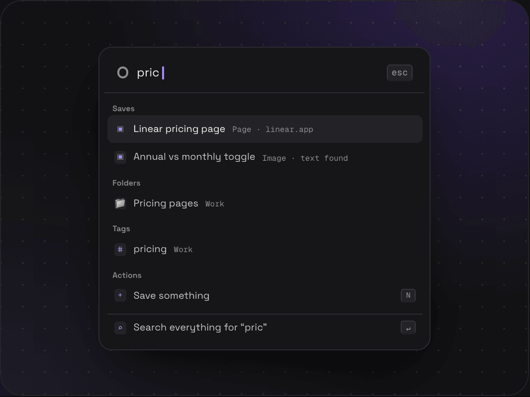 The command palette with pric typed in, showing saves, a folder, a tag, and actions