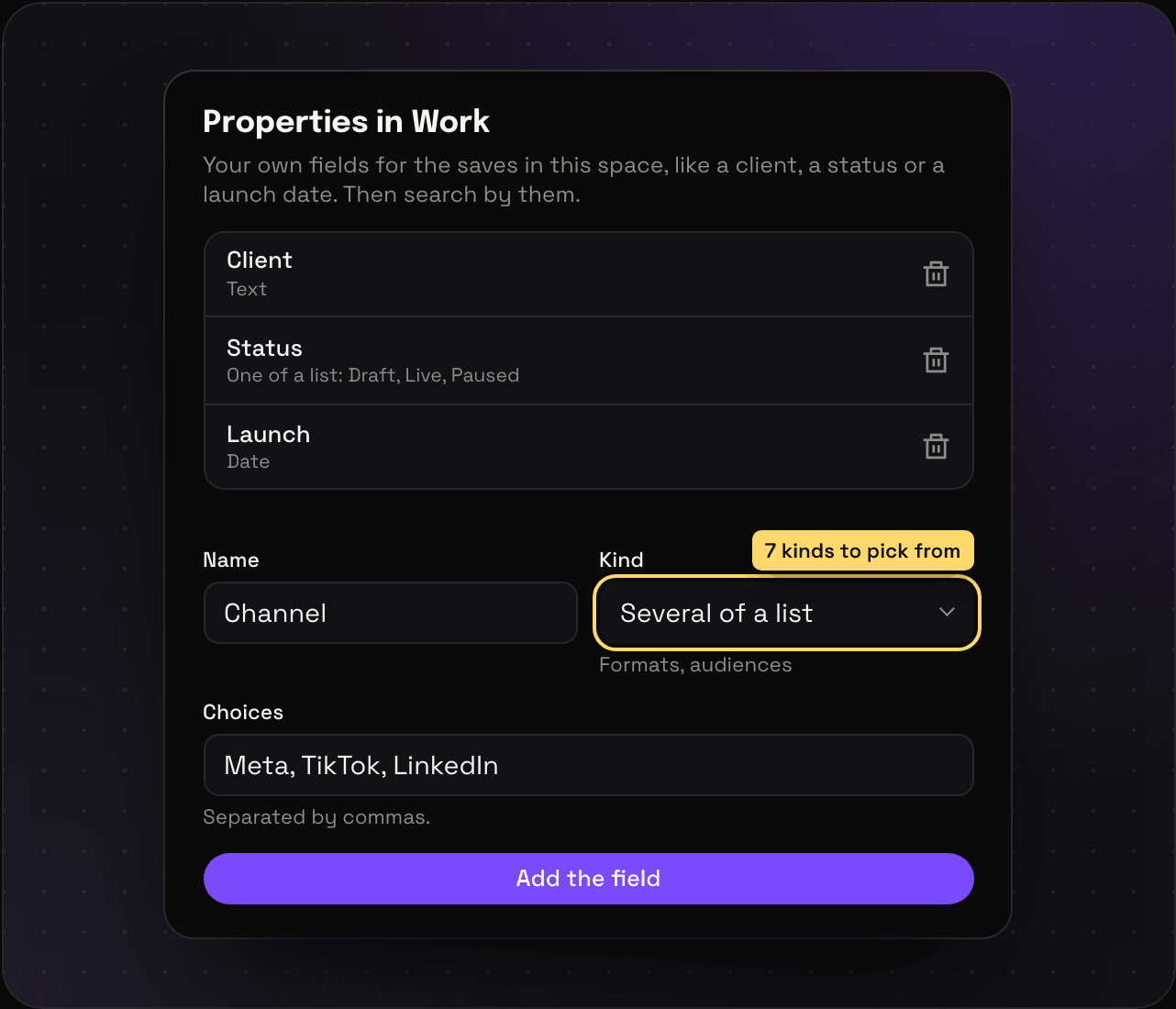The Properties dialog in a Savepad space with three custom fields: Client as text, Status as one of Draft, Live, or Paused, and Launch as a date