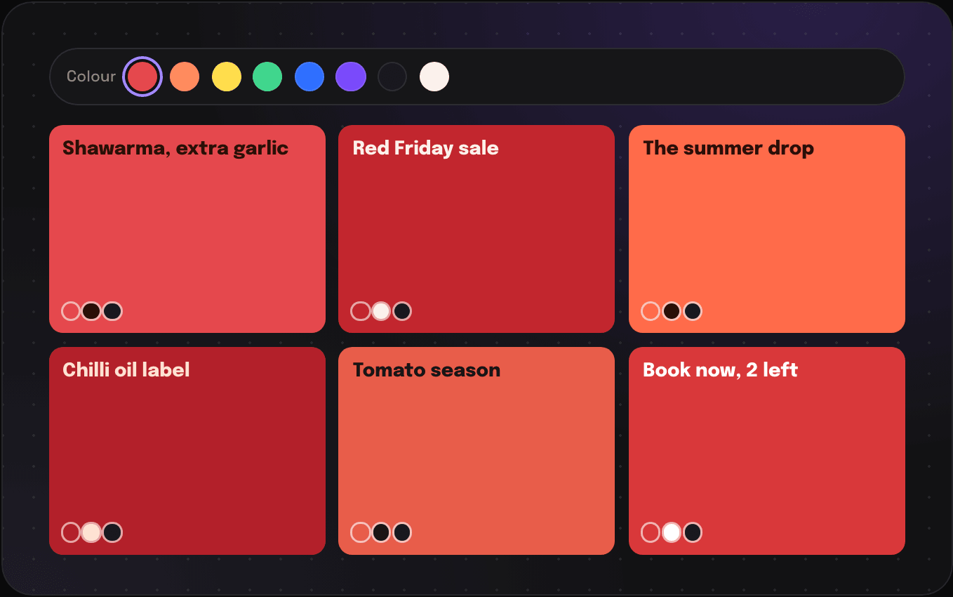 The red swatch picked in the colour row, and six saves with red in them: shawarma, a sale banner, an ad, a chilli oil label, tomatoes, and a booking page