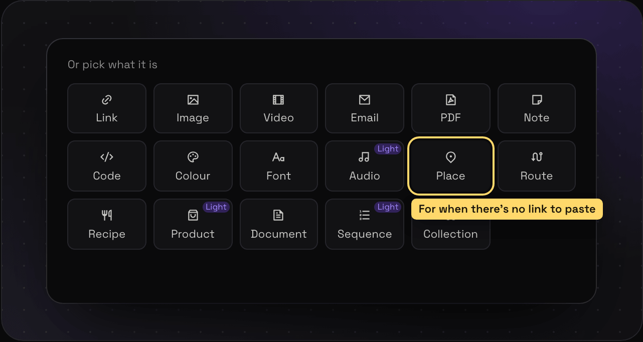 The save dialog's list of 17 things you can make by hand, from Link and Image to Sequence and Collection, with Light on the paid ones