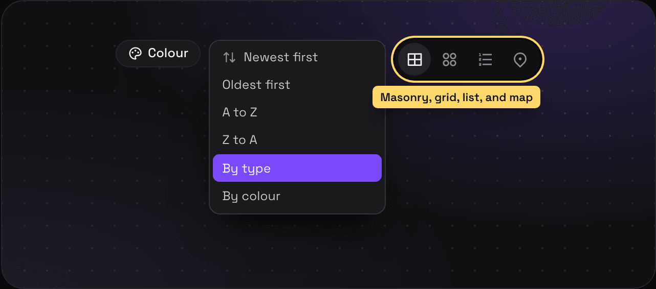 The Savepad list toolbar with the Colour button, the sort menu open on By type, and the masonry, grid, list, and map view buttons
