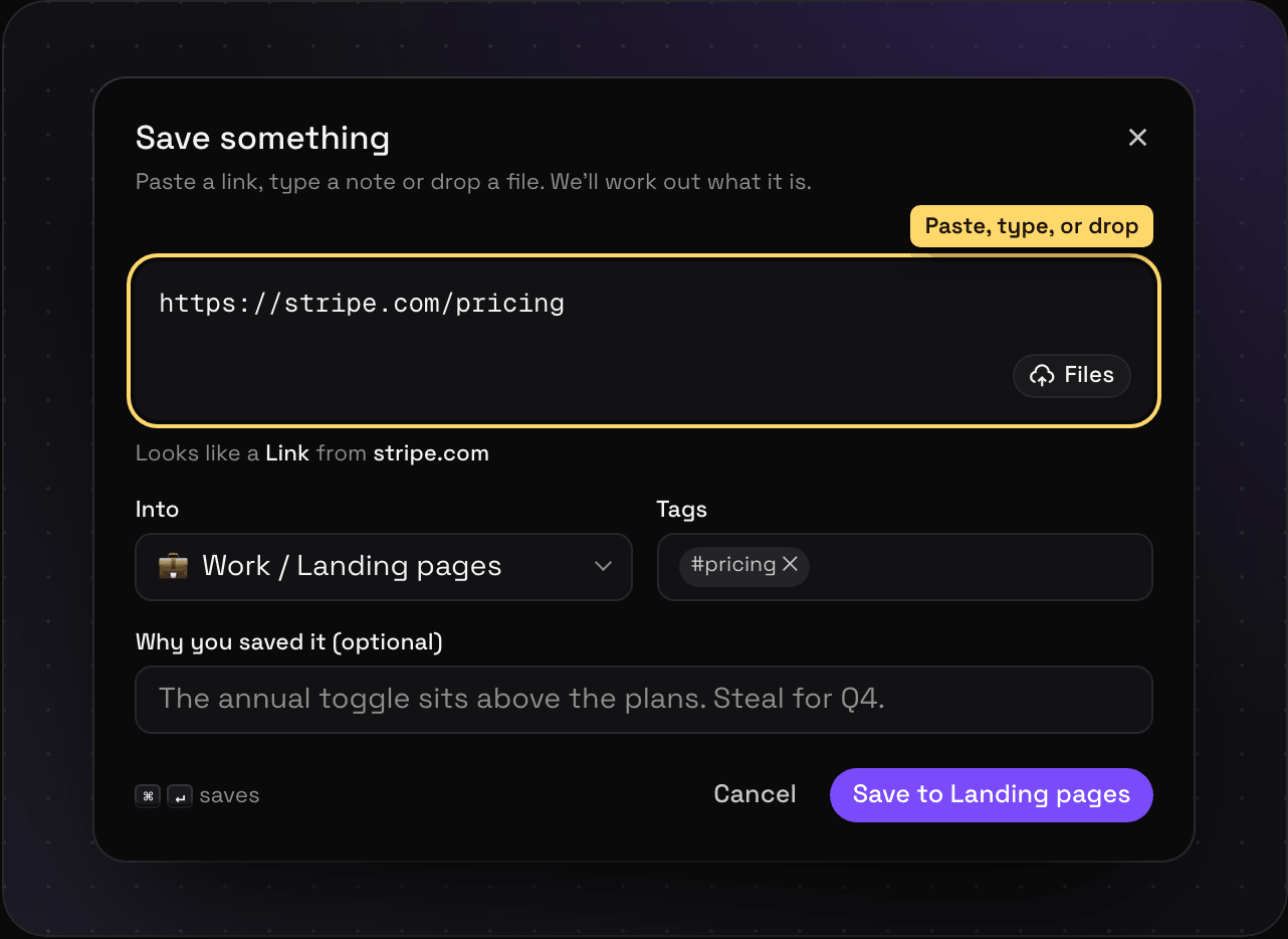 The Savepad save dialog with a stripe.com link pasted in, recognised as a link, going into Work / Landing pages with the #pricing tag and a note