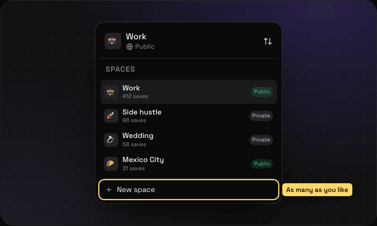 The Savepad space switcher open, listing the spaces Work, Side hustle, Wedding, and Mexico City with a New space button