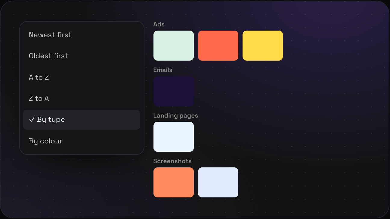 The sort menu with By type picked, and saves grouped into ads, emails, landing pages, and screenshots