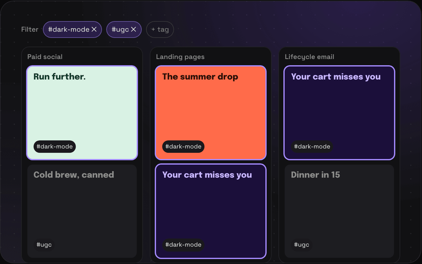 Three folders side by side with the saves tagged dark mode highlighted in all of them, and the tag filter stacked with ugc