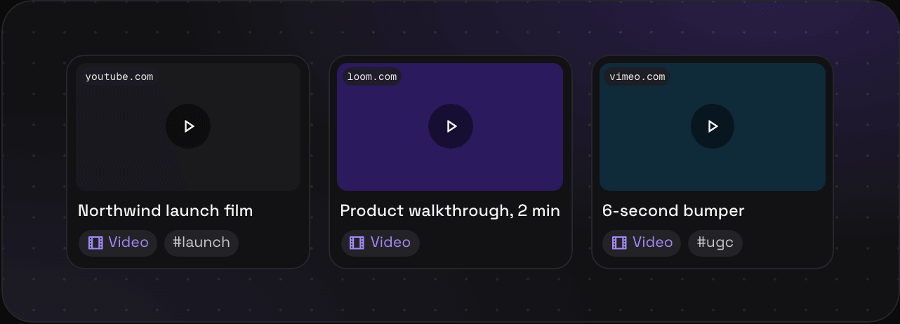 Three video saves in Savepad from YouTube, Loom, and Vimeo, each with its thumbnail and a play button