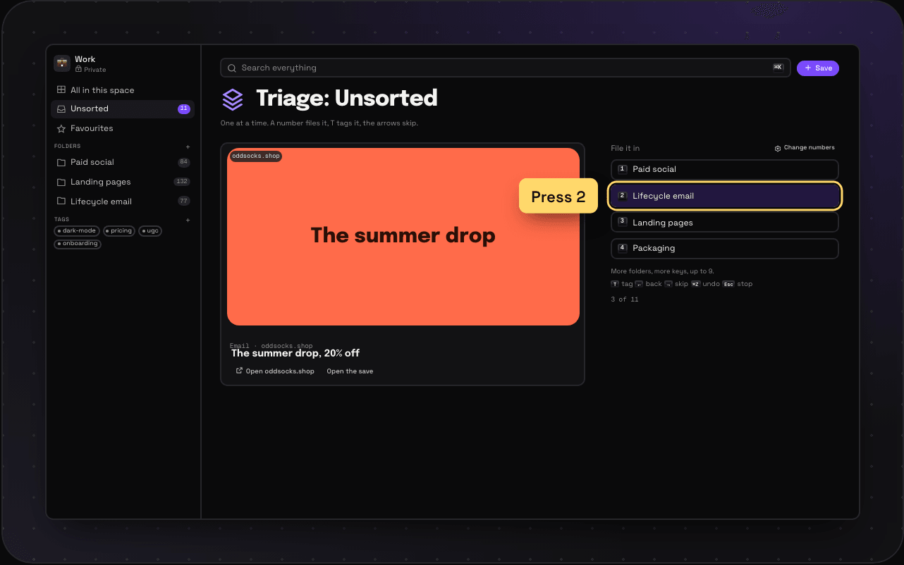 Triage mode in Savepad: one email on screen, folders numbered 1 to 4 on the right, and the keys for tag, back, skip, undo, and stop