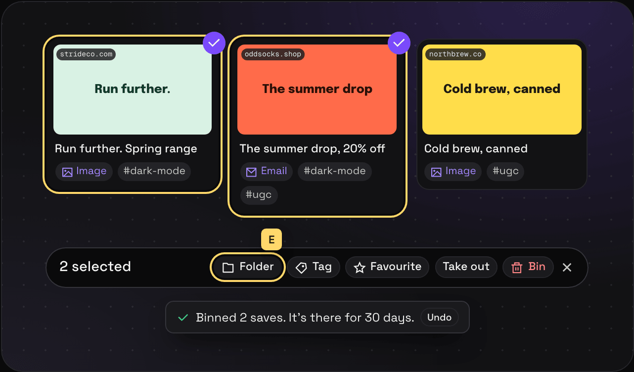 Two saves selected in Savepad, the selection bar with Folder, Tag, Favourite, Take out, and Bin, and a toast with an Undo button